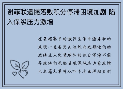谢菲联遗憾落败积分停滞困境加剧 陷入保级压力激增