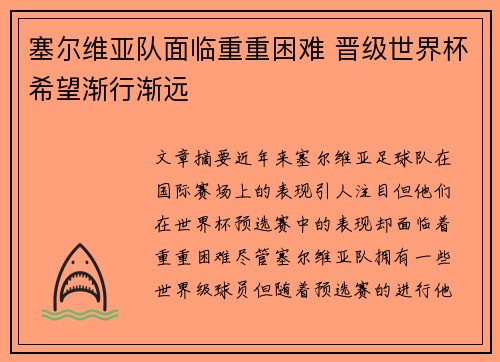 塞尔维亚队面临重重困难 晋级世界杯希望渐行渐远
