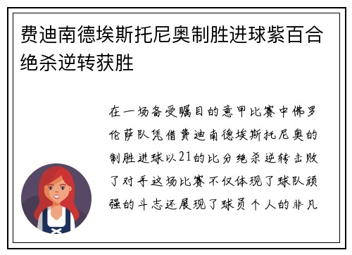 费迪南德埃斯托尼奥制胜进球紫百合绝杀逆转获胜