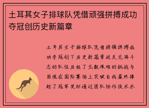 土耳其女子排球队凭借顽强拼搏成功夺冠创历史新篇章