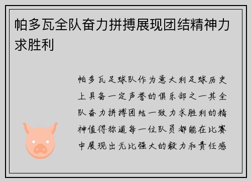 帕多瓦全队奋力拼搏展现团结精神力求胜利