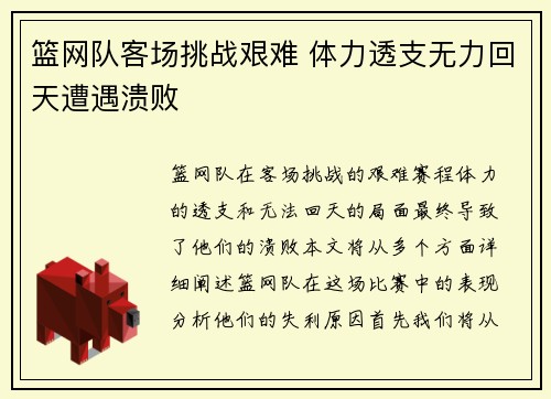 篮网队客场挑战艰难 体力透支无力回天遭遇溃败