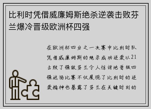 比利时凭借威廉姆斯绝杀逆袭击败芬兰爆冷晋级欧洲杯四强