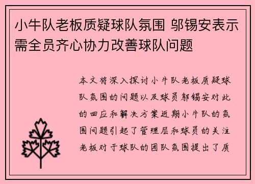 小牛队老板质疑球队氛围 邬锡安表示需全员齐心协力改善球队问题